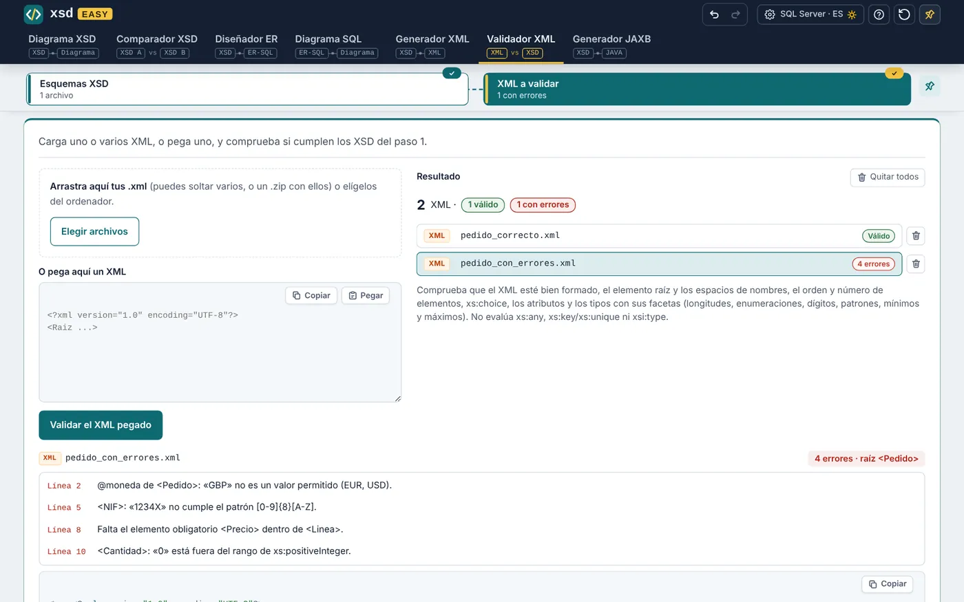 Captura de Validador XML en XSD Easy